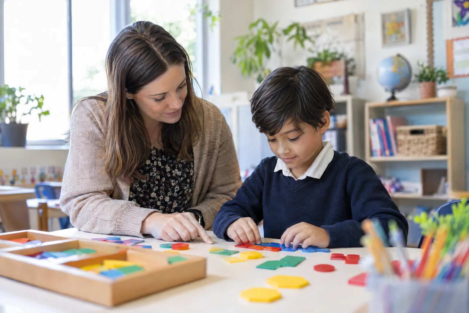 A teacher supporting a child during a hands-on learning activity