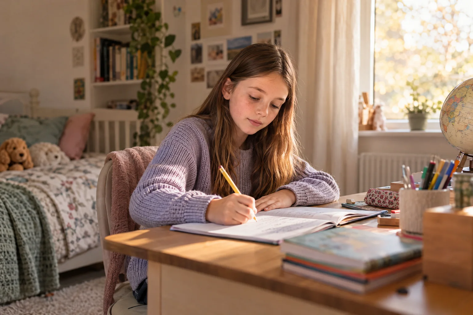 A 10–11-year-old girl studying in her bedroom at home